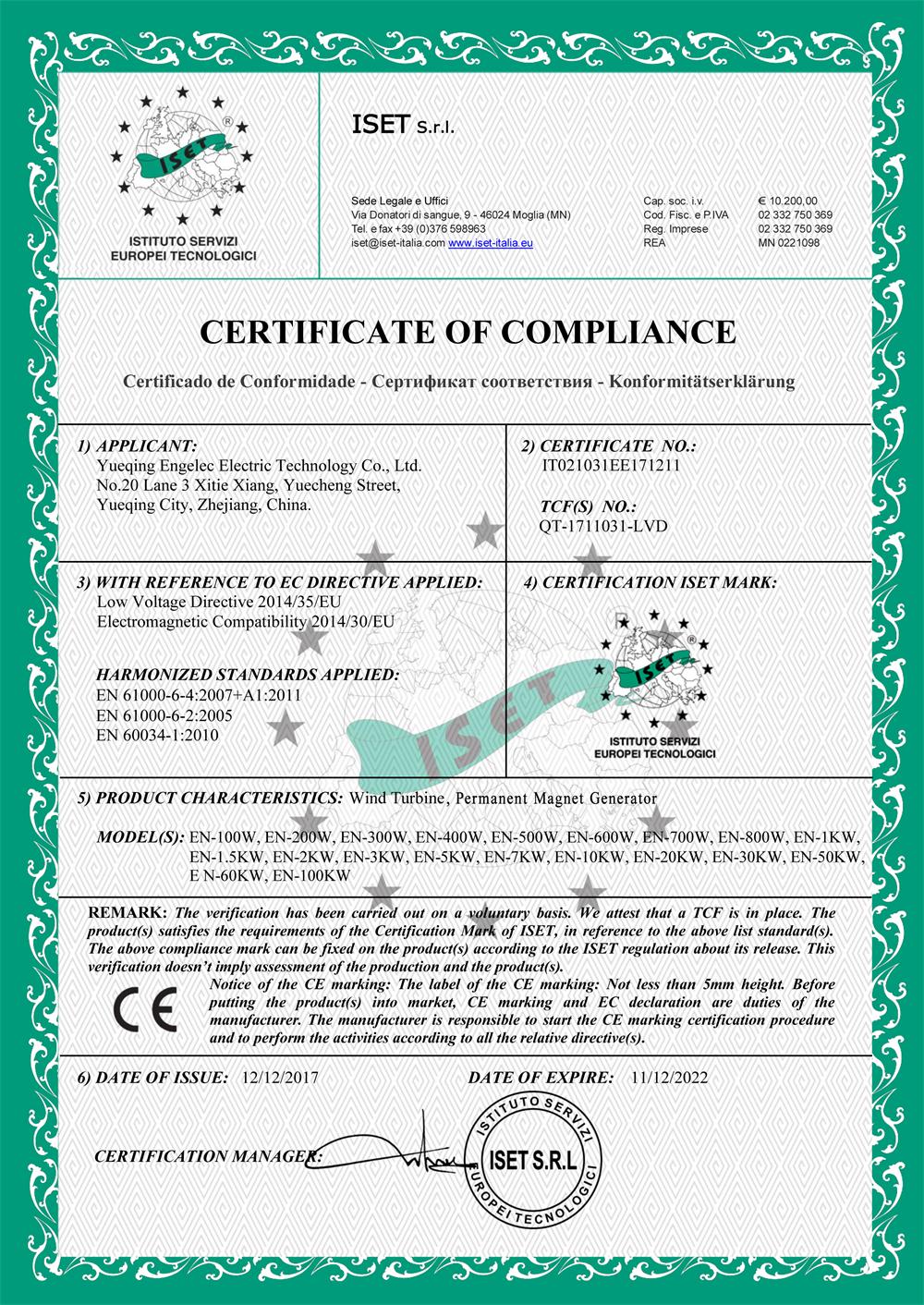 CERTIFICATE ENGELEC CE-WIND TURBINE,PMG